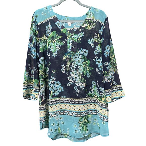 J. Jill Size XL Floral Tunic Top Navy/Blue 3/4 Sleeve Button-Front  Lightweight - Picture 1 of 8